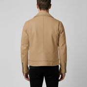 Men's Tan Studded Pebbled Leather Biker Jacket