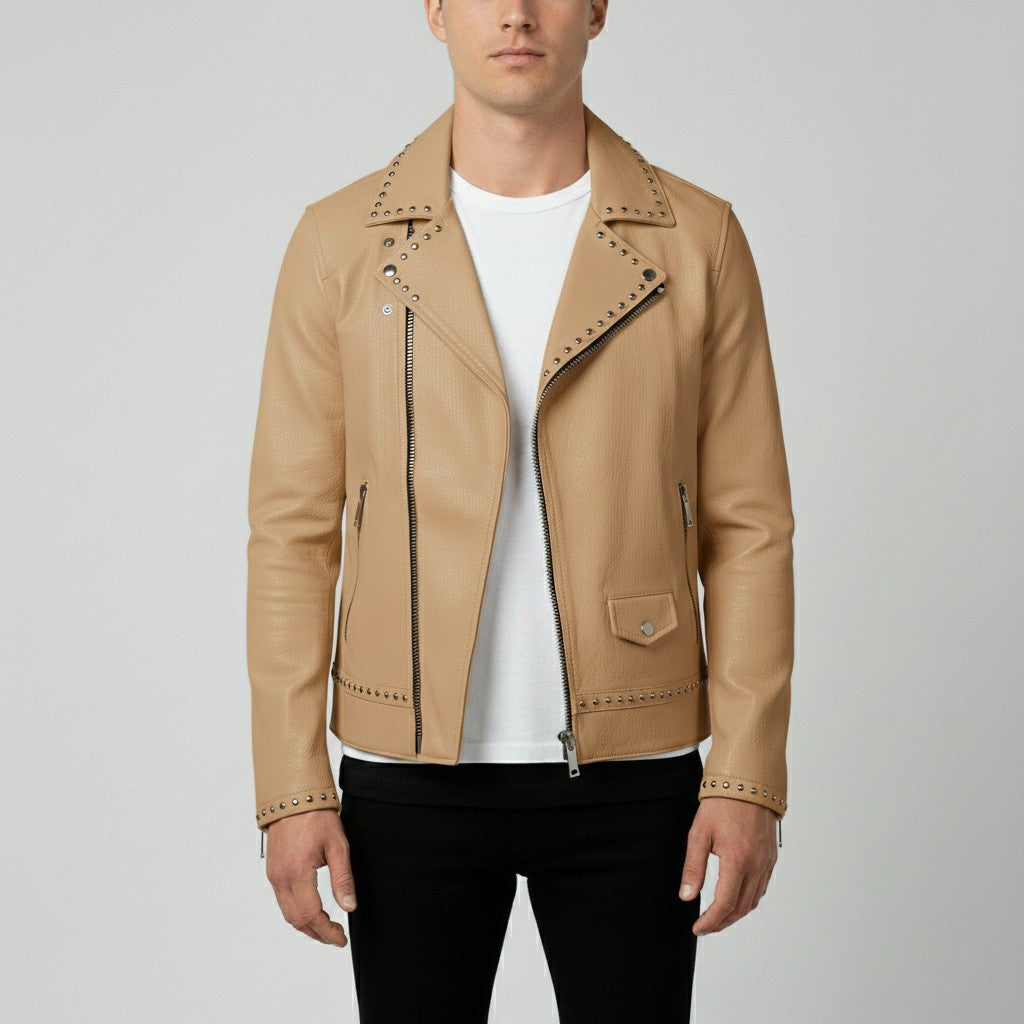 Men's Tan Studded Pebbled Leather Biker Jacket