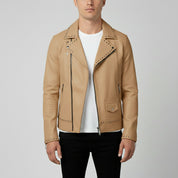 Men's Tan Studded Pebbled Leather Biker Jacket