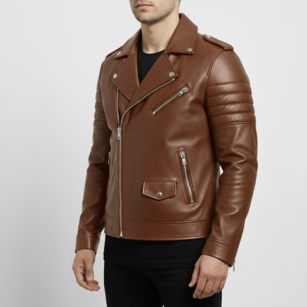 Men's Brown Leather Biker Jacket