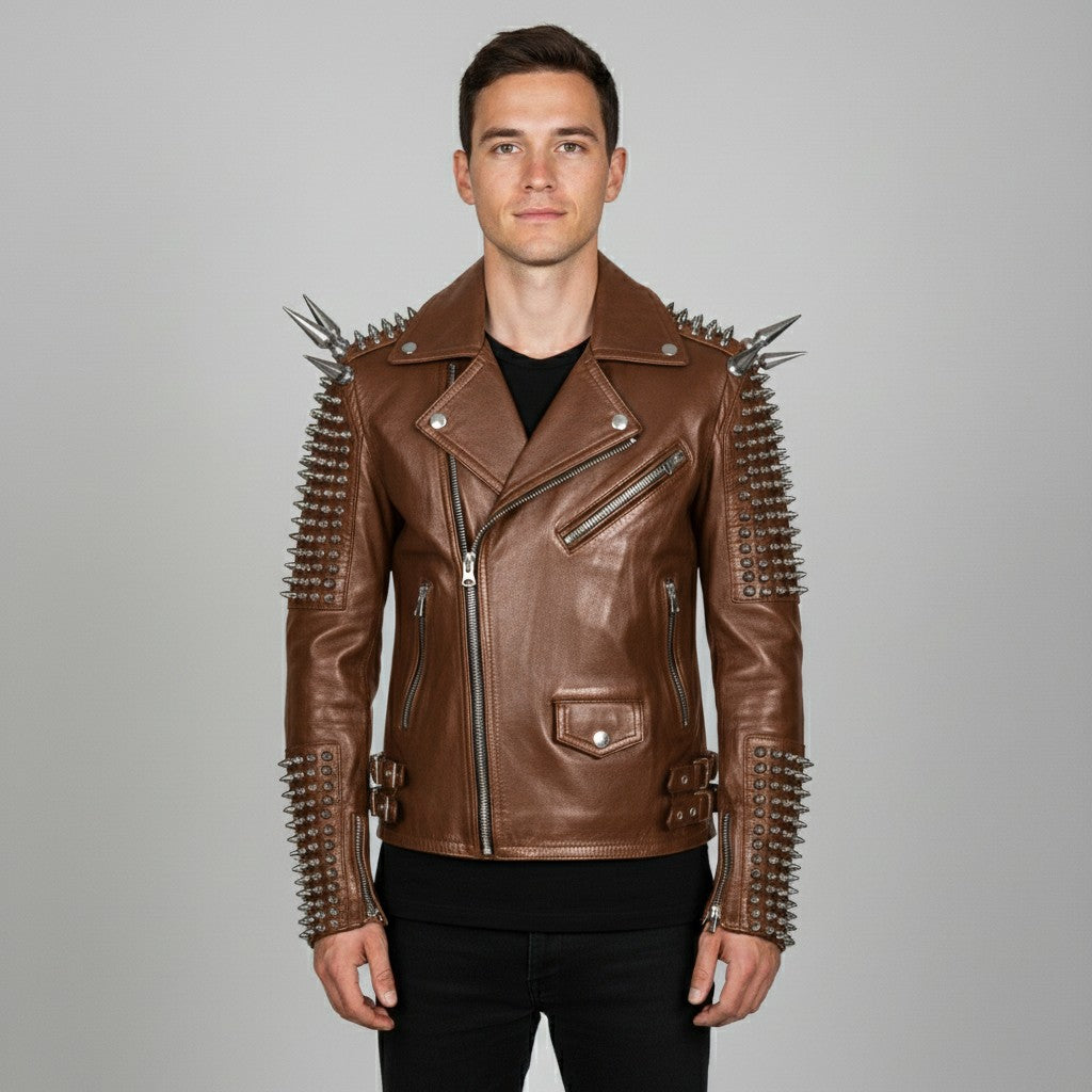 Men's Brown Silver Studded Leather Biker Jacket