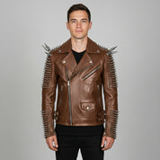 Men's Brown Silver Studded Leather Biker Jacket
