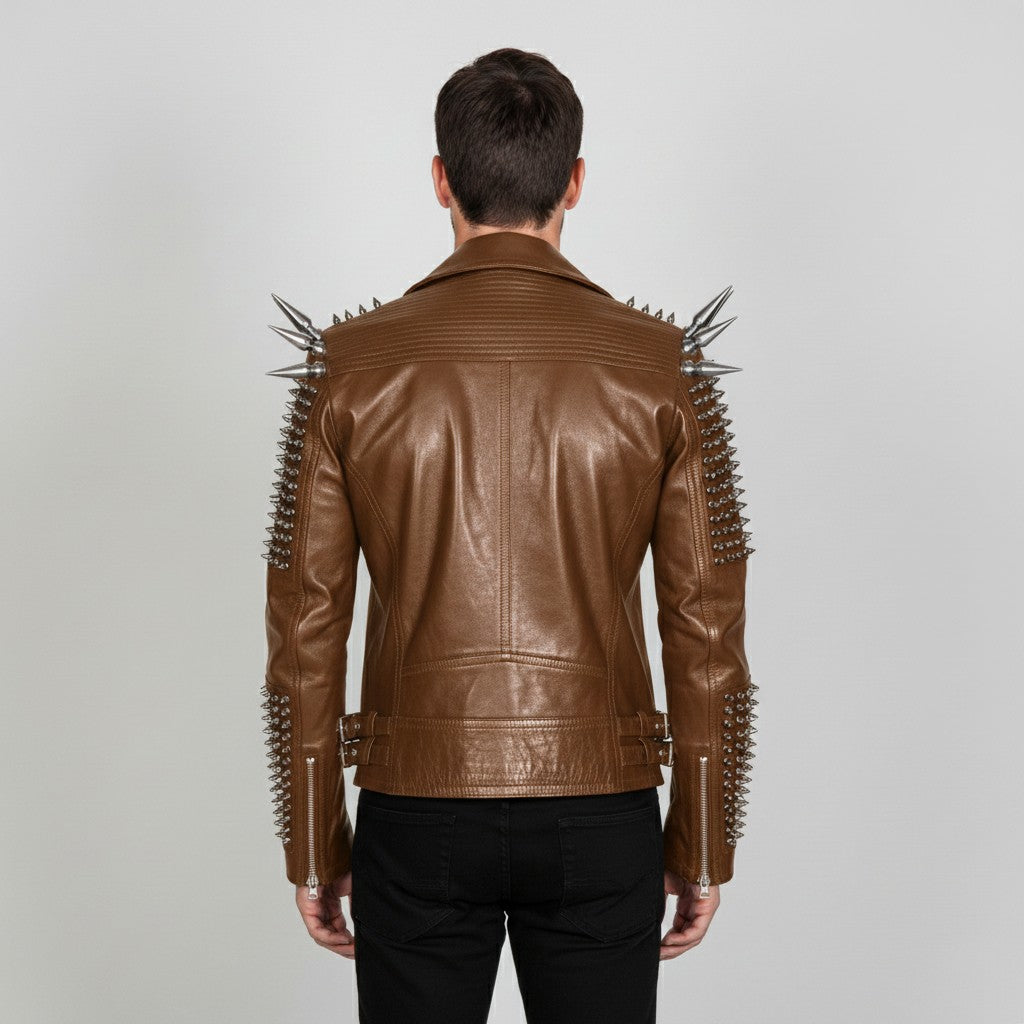Men's Brown Silver Studded Leather Biker Jacket