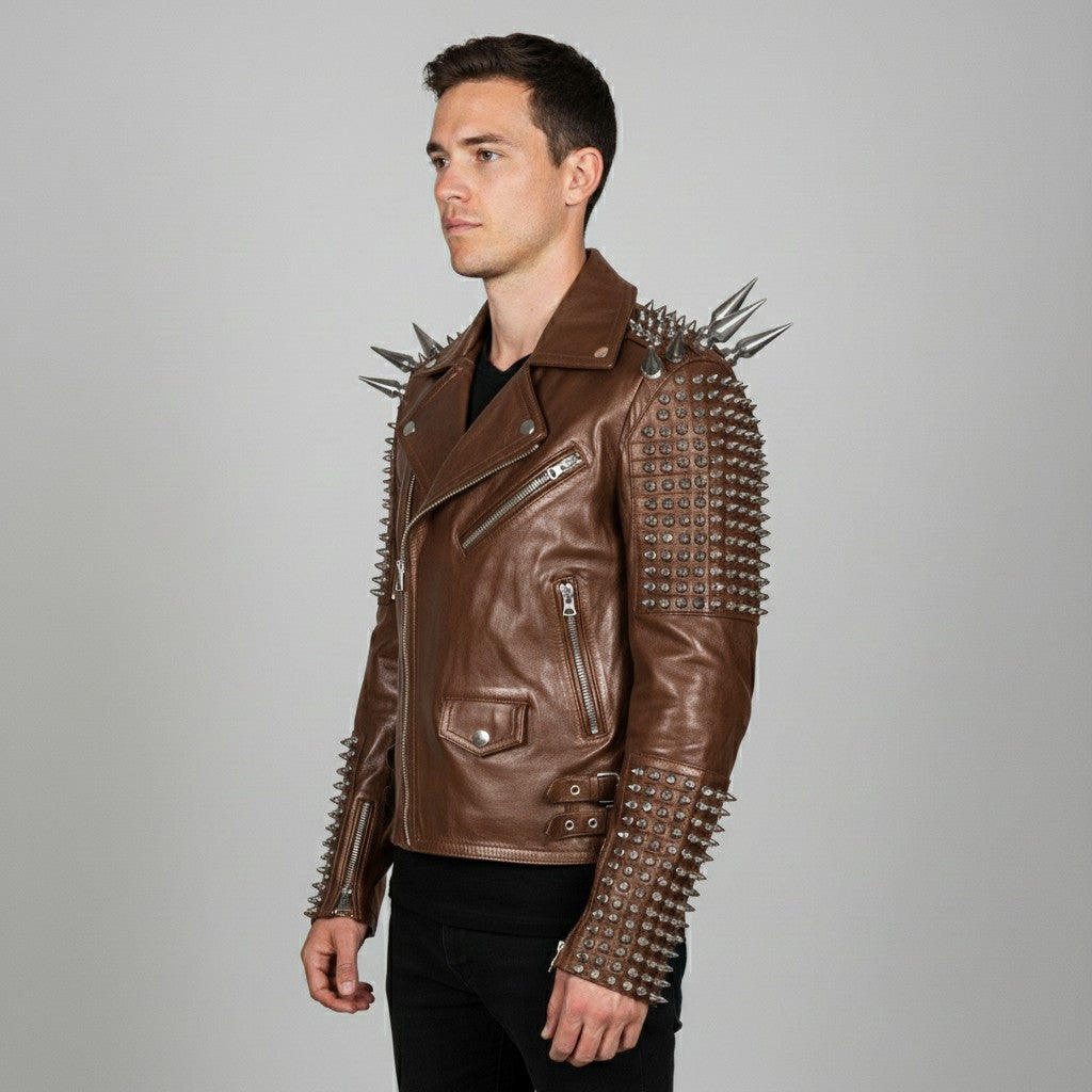 Men's Brown Silver Studded Leather Biker Jacket