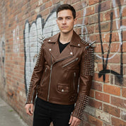 Men's Brown Silver Studded Leather Biker Jacket