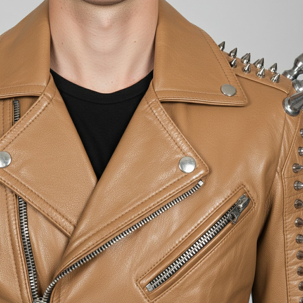 Men's Tan Silver Studded Leather Biker Jacket