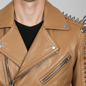 Men's Tan Silver Studded Leather Biker Jacket