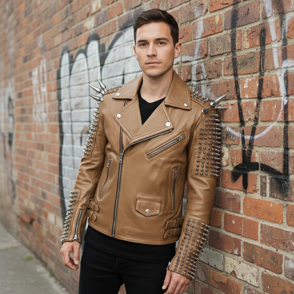 Men's Tan Silver Studded Leather Biker Jacket