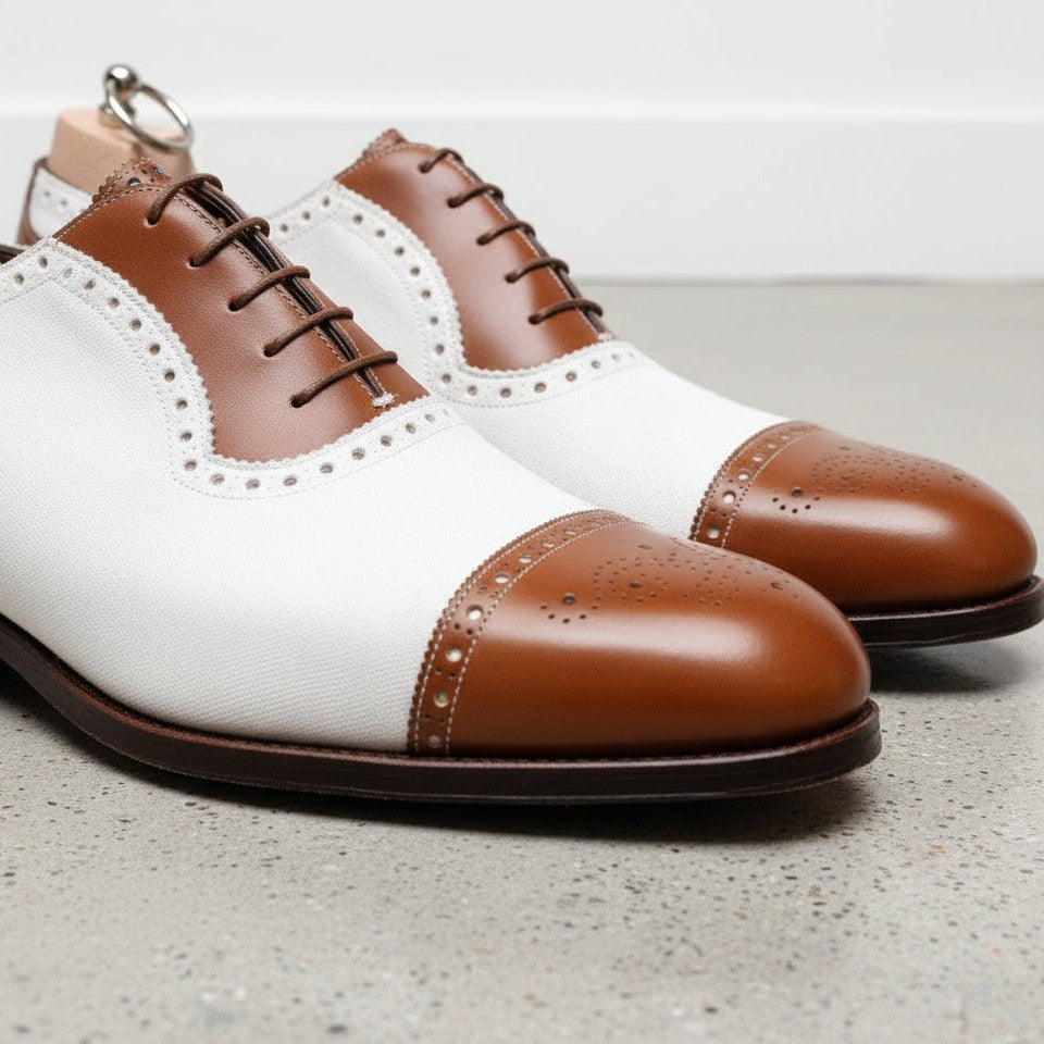 Handmade Men's Two Tone Formal Shoes - Men's Brown and White Spectator Shoes