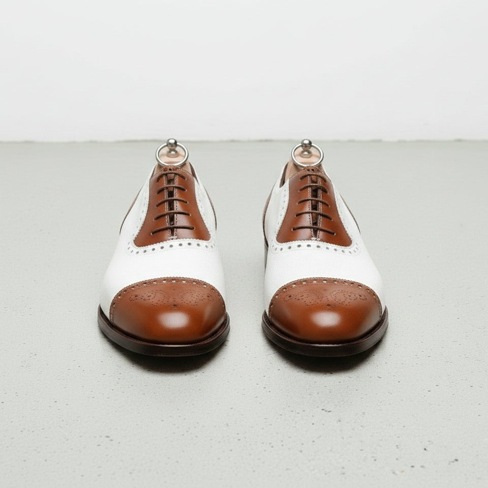 Handmade Mens Two Tone Formal Shoes, Brown and White Spectator Shoes
