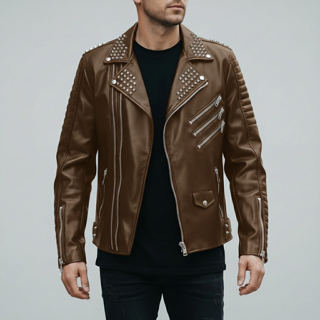 Men's Brown Studded Leather Biker Jacket
