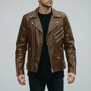Men's Brown Studded Leather Biker Jacket