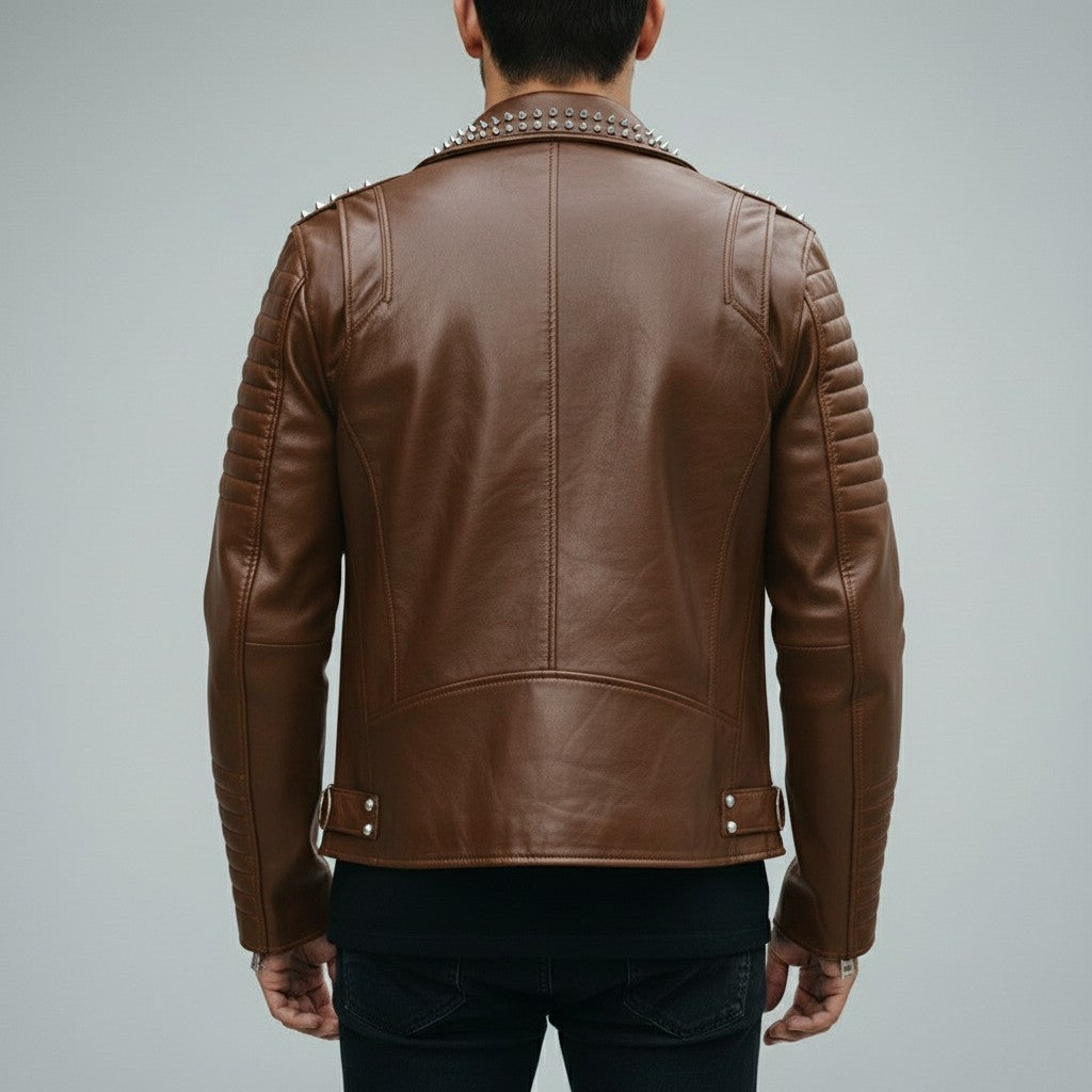 Men's Brown Studded Leather Biker Jacket