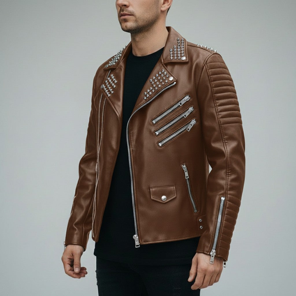 Men's Brown Studded Leather Biker Jacket