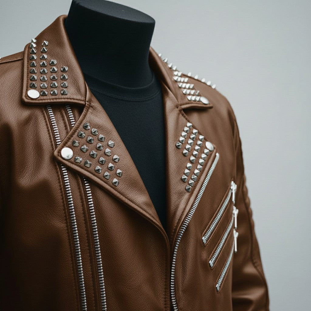 Men's Brown Studded Leather Biker Jacket