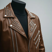 Men's Brown Studded Leather Biker Jacket