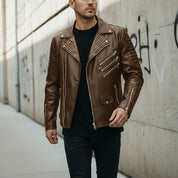 Men's Brown Studded Leather Biker Jacket