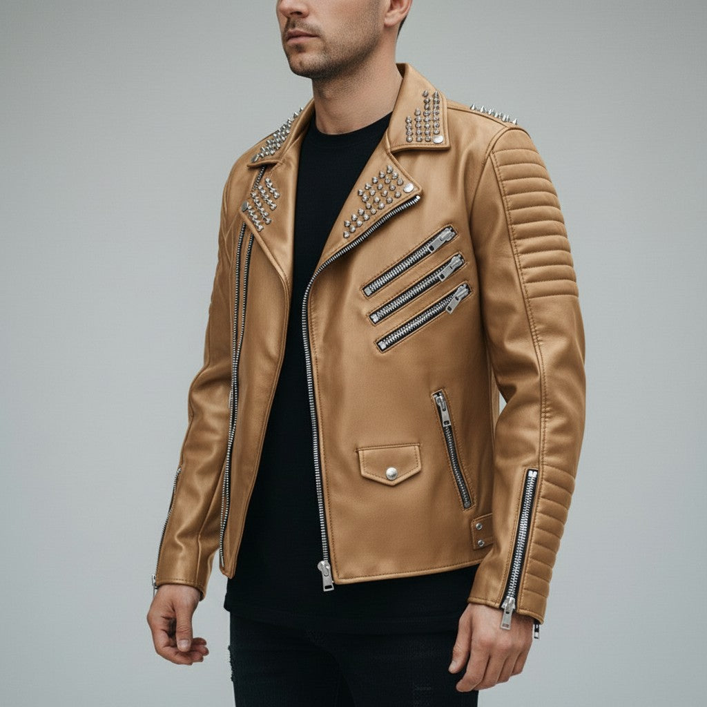 Men's Tan Studded Leather Biker Jacket