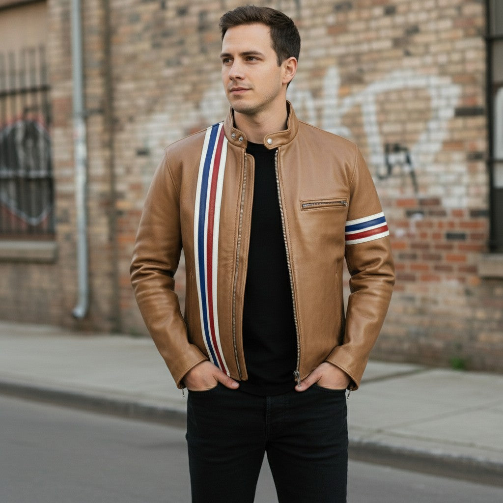 Men's Tan Leather Biker Jacket