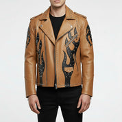 Men's Tan and Black Studded Leather Biker Jacket