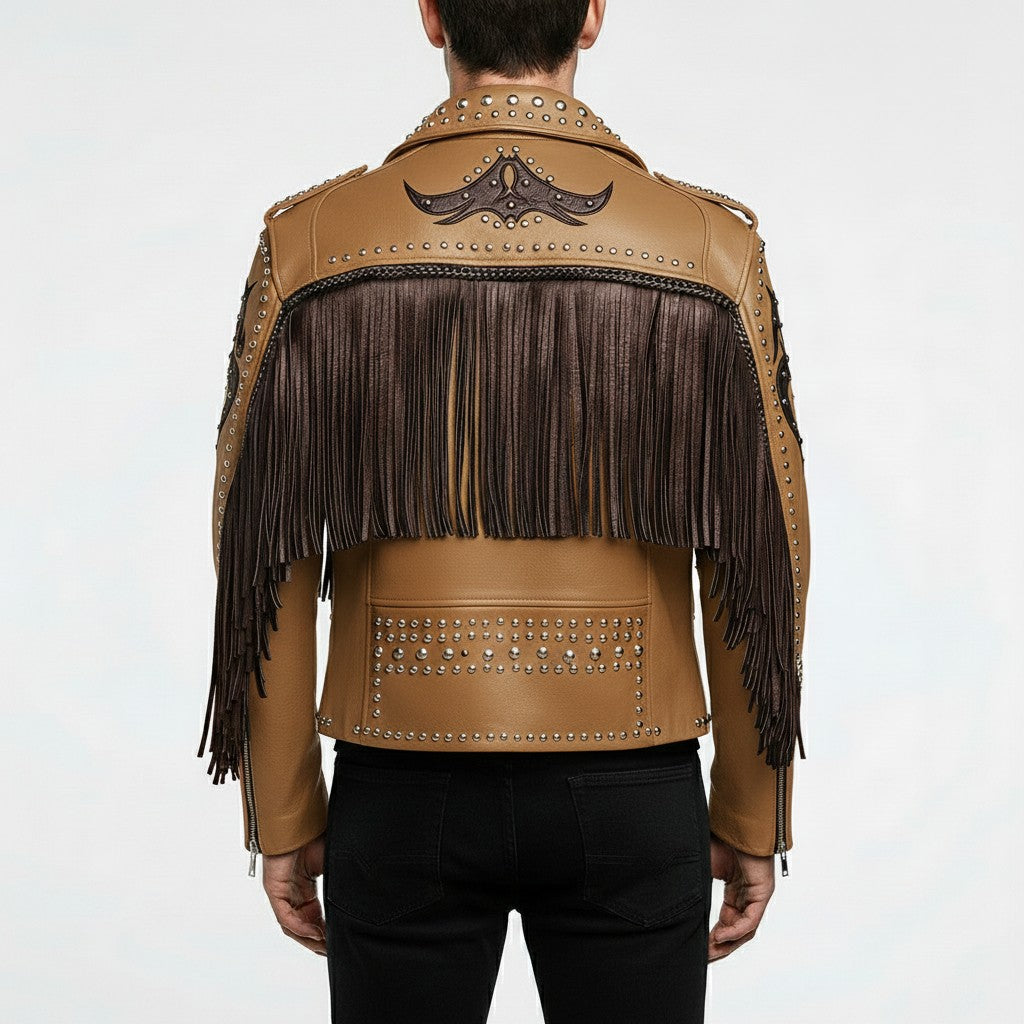 Men's Tan and Black Studded Leather Biker Jacket