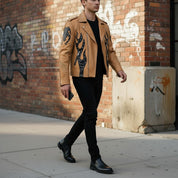 Men's Tan and Black Studded Leather Biker Jacket