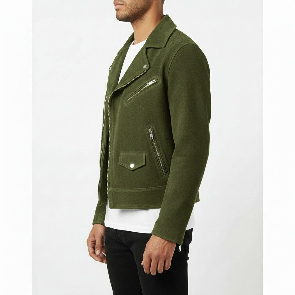 Men's Olive Green Suede Biker Jacket