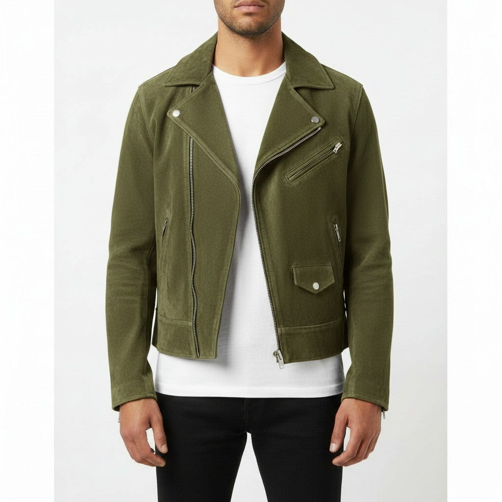 Men's Olive Green Suede Biker Jacket
