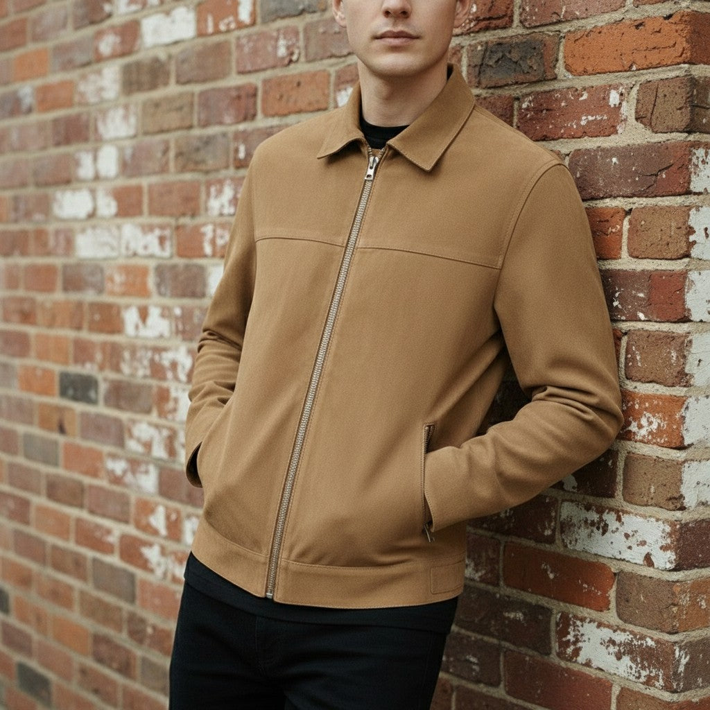 Men's Tan Suede Bomber Jacket