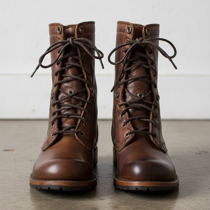 Men's Brown Plain-Toe Leather Combat Boots