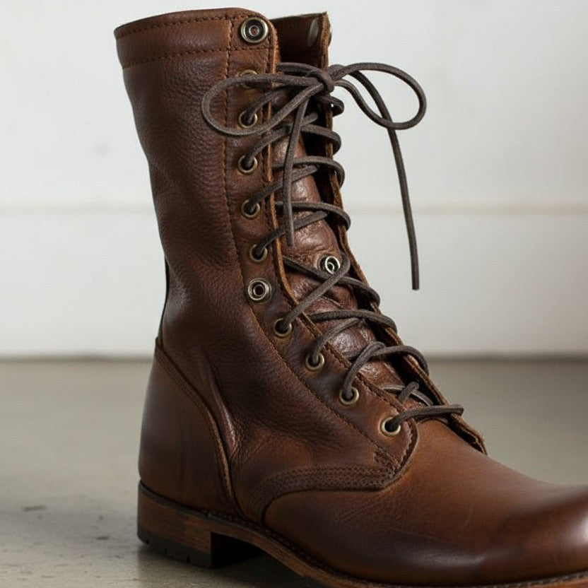 Men's Brown Plain-Toe Leather Combat Boots