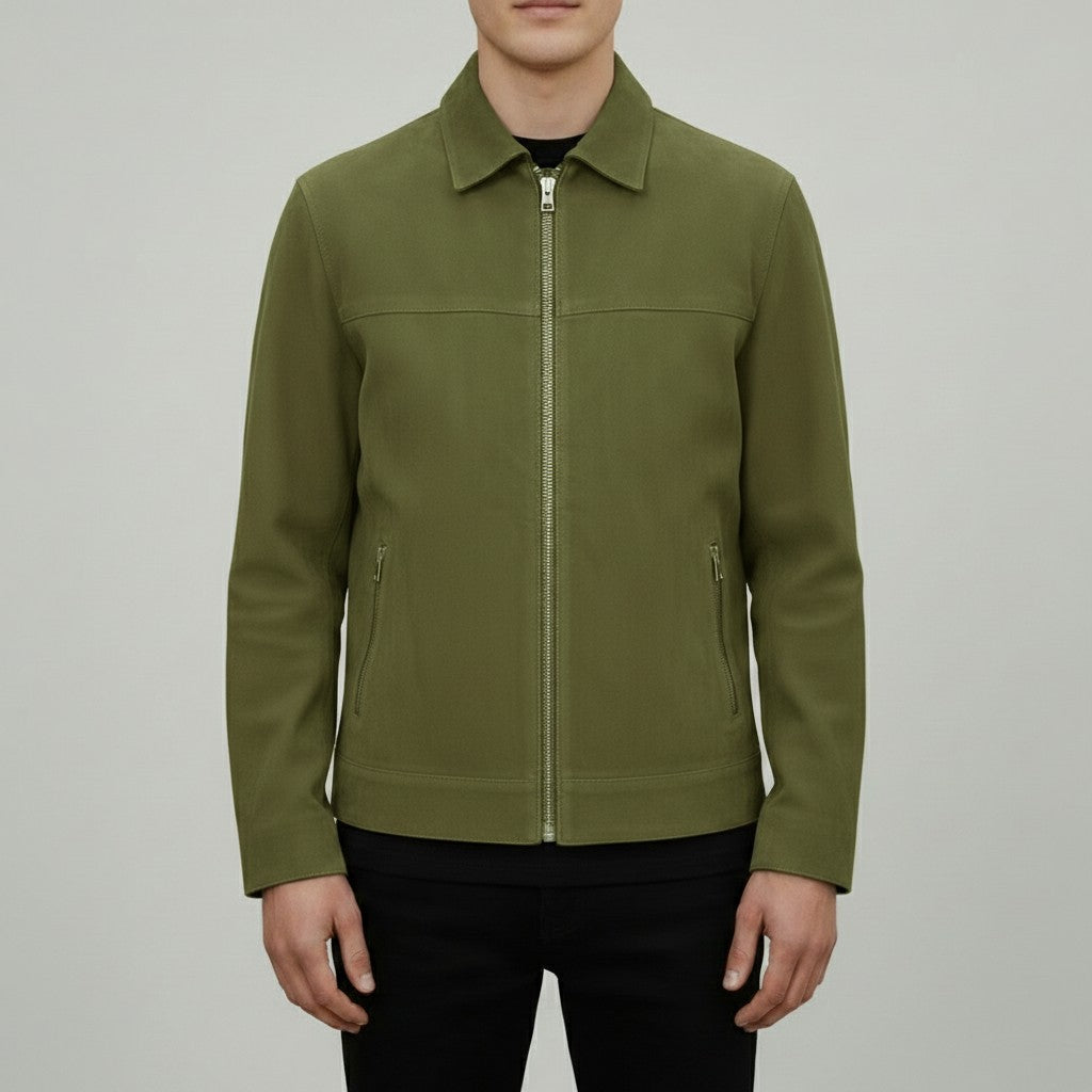 Men's Olive Green Suede Bomber Jacket