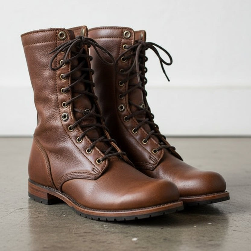 Men's Brown Plain-Toe Leather Combat Boots