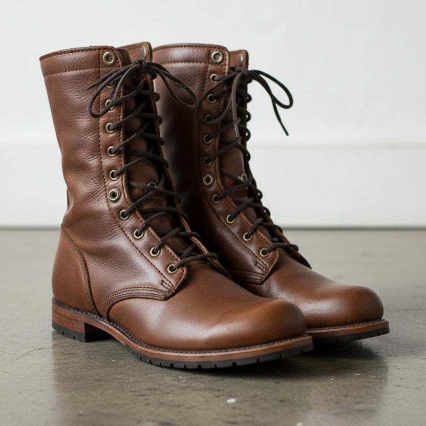 Men's Brown Plain-Toe Leather Combat Boots