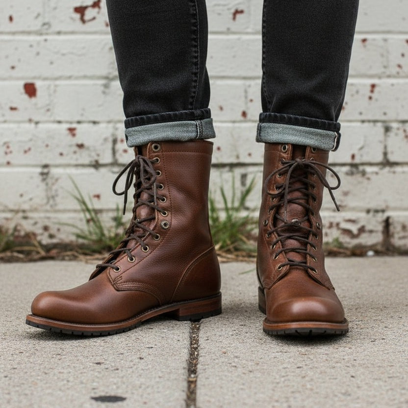 Men's Brown Plain-Toe Leather Combat Boots