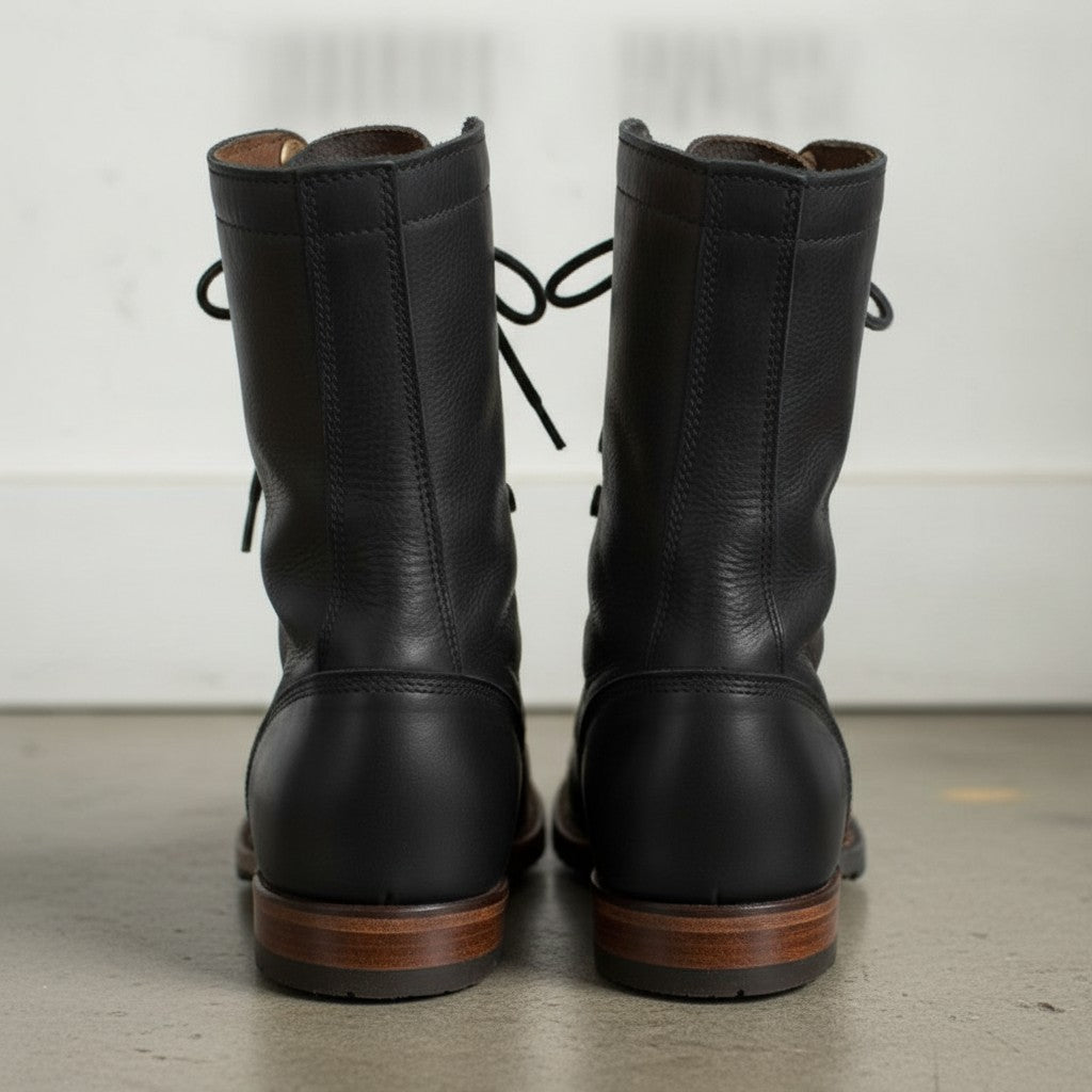 Men's Black Plain-Toe Leather Combat Boots