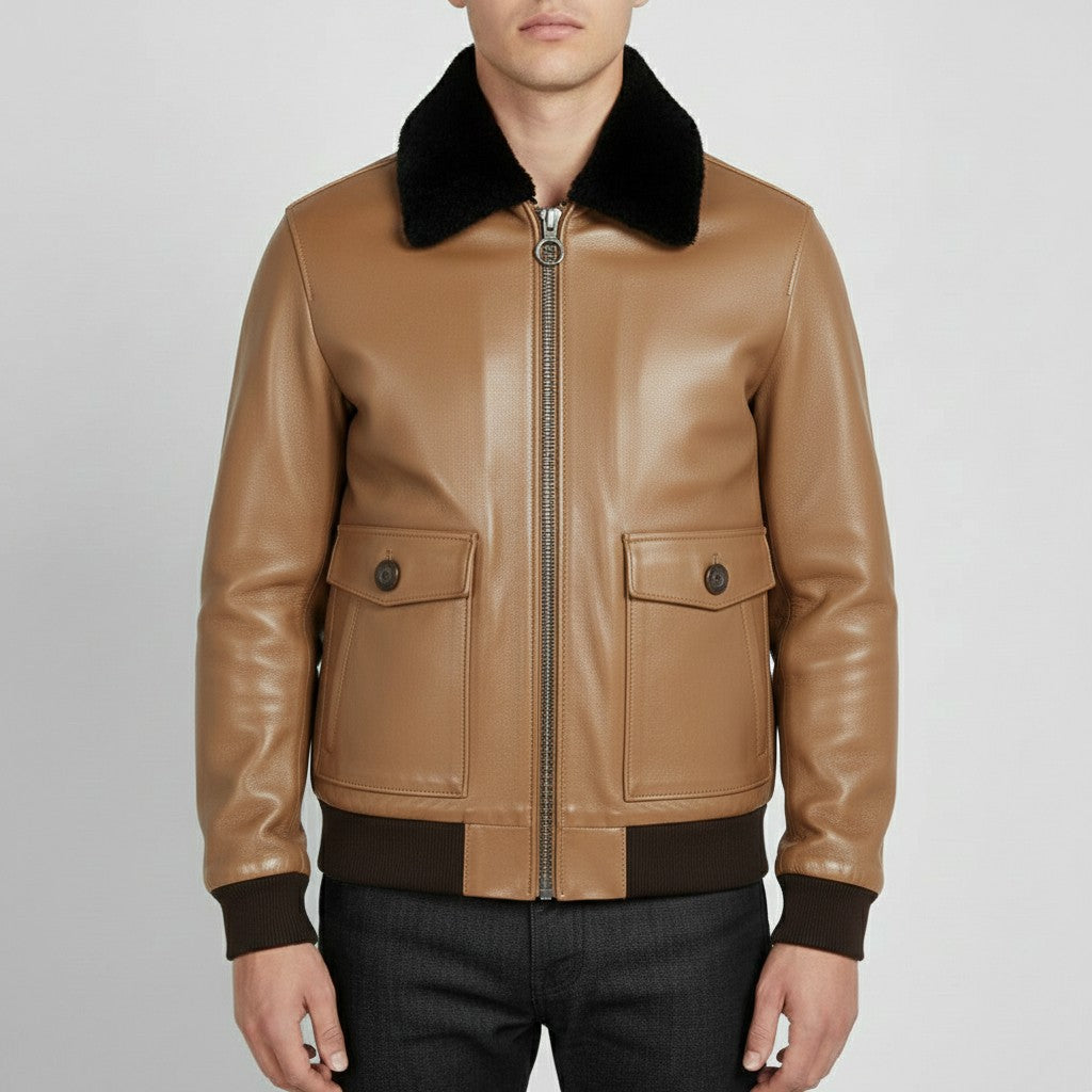 Men's Brown and Tan Leather Bomber Jacket