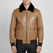 Men's Brown and Tan Leather Bomber Jacket