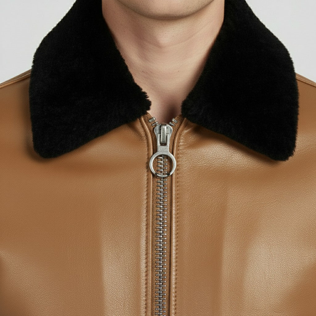 Men's Brown and Tan Leather Bomber Jacket