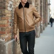Men's Brown and Tan Leather Bomber Jacket