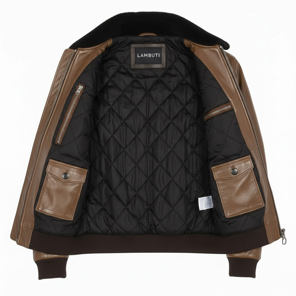 Men's Brown and Tan Leather Bomber Jacket