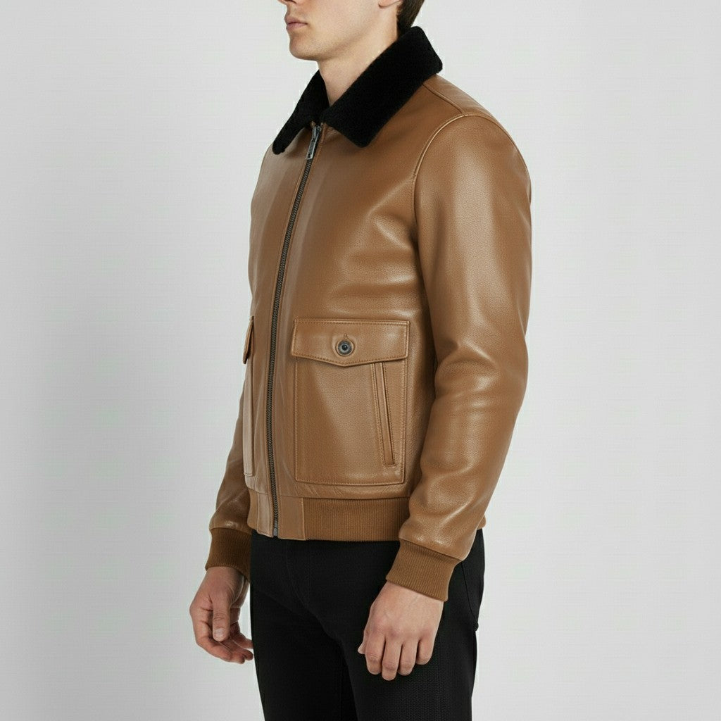 Men's Brown and Tan Leather Bomber Jacket