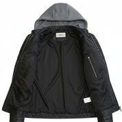Men's Black and Grey Hooded Leather Biker Jacket