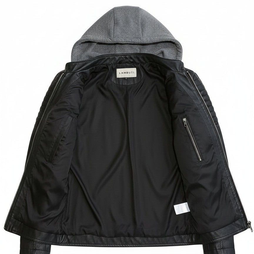 Men's Black and Grey Hooded Leather Biker Jacket