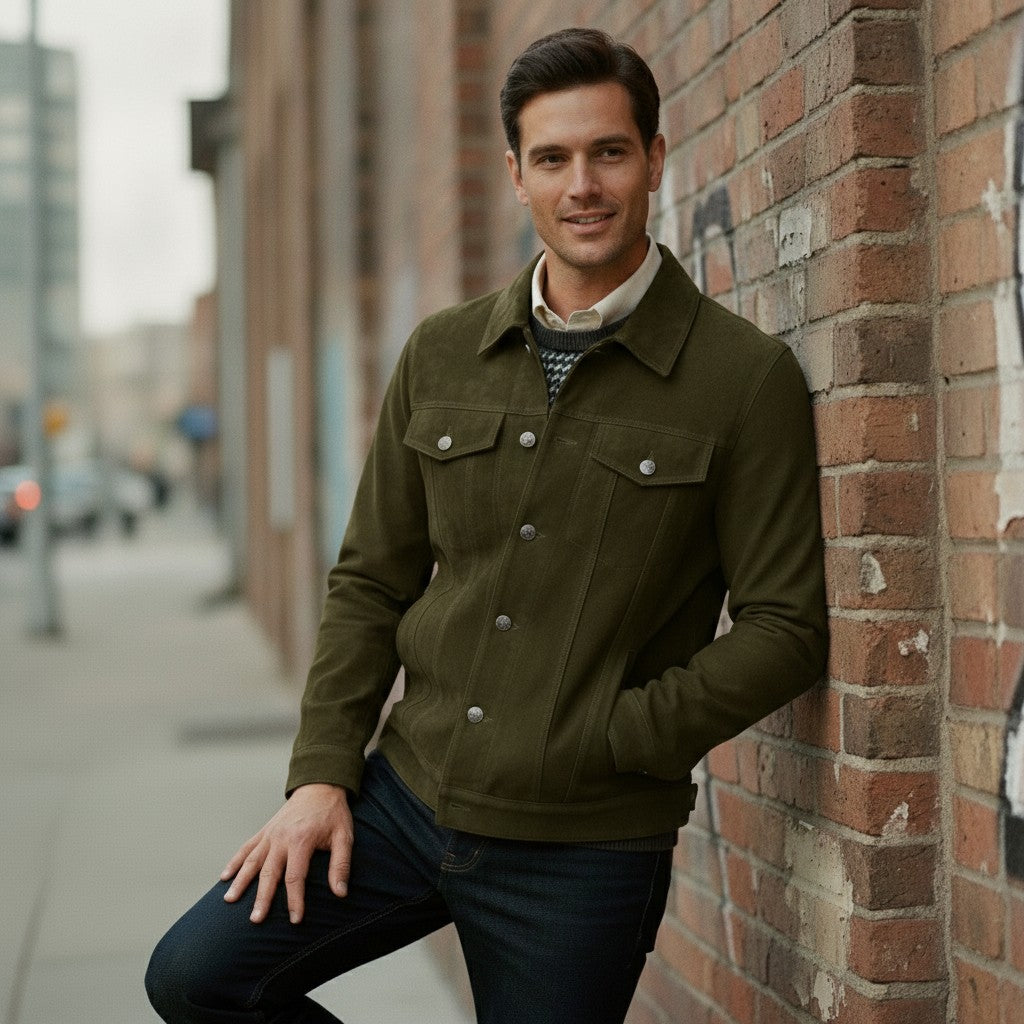 Men's Olive Green Suede Trucker Jacket