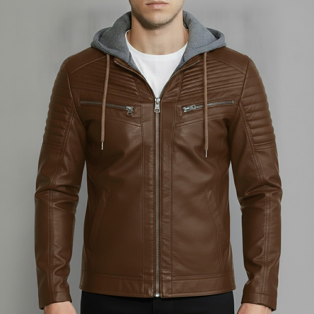 Men's Brown and Grey Hooded Leather Biker Jacket