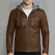 Men's Brown and Grey Hooded Leather Biker Jacket