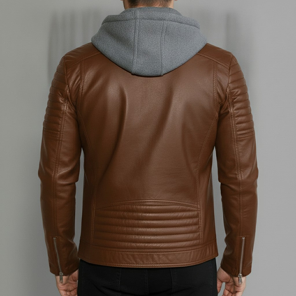 Men's Brown and Grey Hooded Leather Biker Jacket