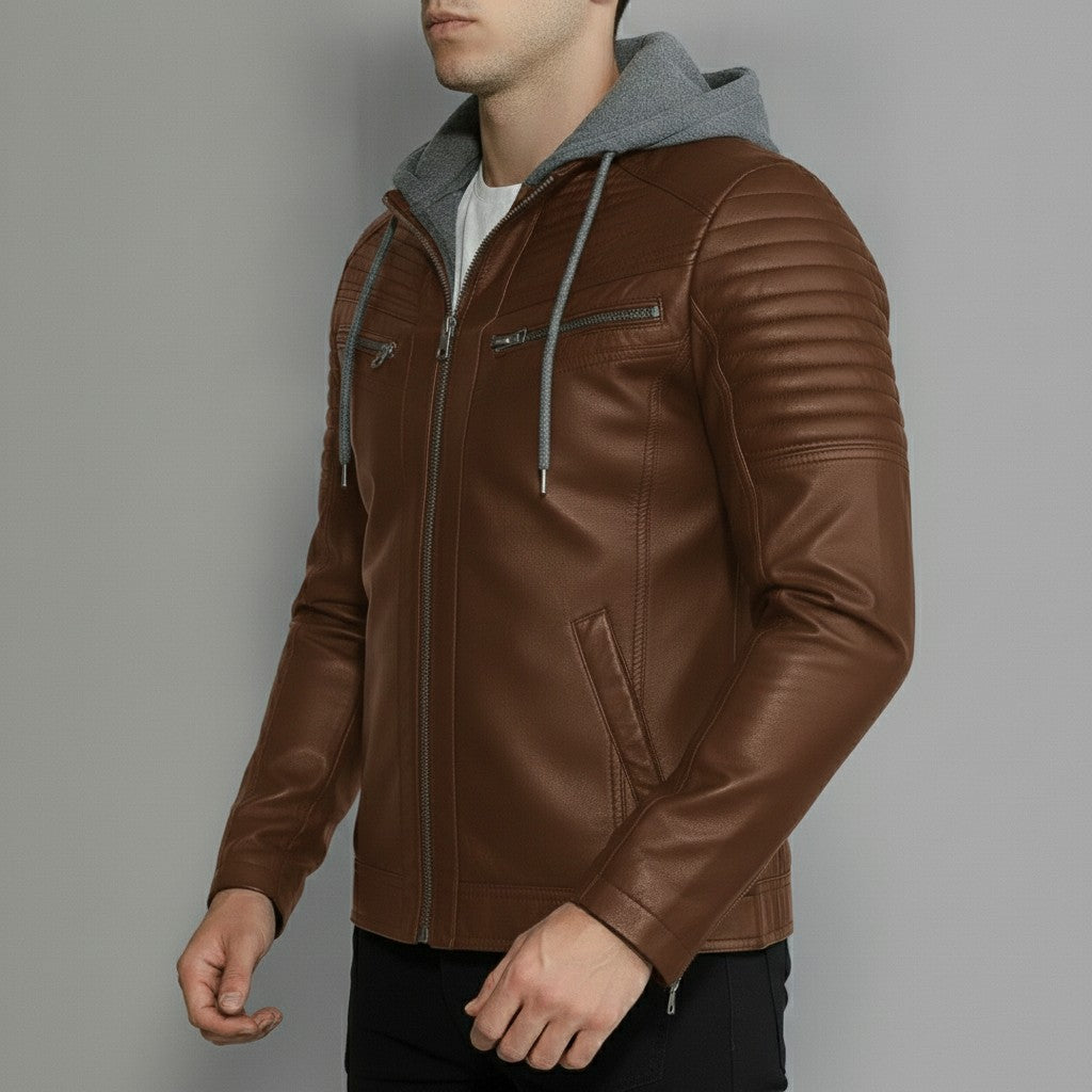 Men's Brown and Grey Hooded Leather Biker Jacket