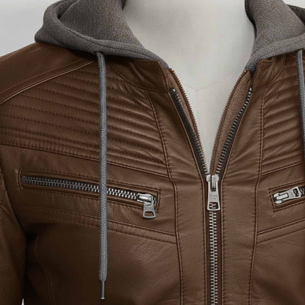 Men's Brown and Grey Hooded Leather Biker Jacket